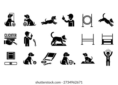 Cute flat icon set featuring dogs and cats in various training and agility activities with human trainers