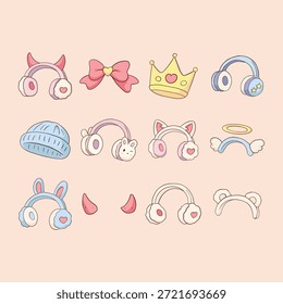Cute flat illustration of accessories Head and heart details in a playful cartoon kawaii style. Perfect for stickers, character design, modern audio accessories, and fun music-themed visuals.