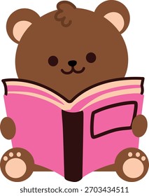 Linda ilustración plana de un oso leyendo un libro, destacando el concepto de actividad de aprendizaje, estilo de personaje suave, tema educativo y Diseño gráfico amigable mínimo.