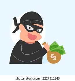 Dibujo de ilustración plana de ladrón hacker robando dinero de datos para el logo de la mascota icono de pegatina web