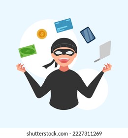 Cute flache Illustrationskartoon des Hackers, der Datengeld für das Logo des Aufklebers "Maskottensymbol" stahl