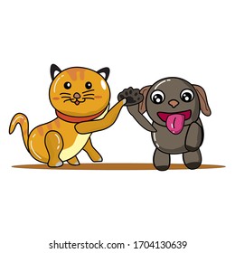 cute flat illustration cat and dog friendship