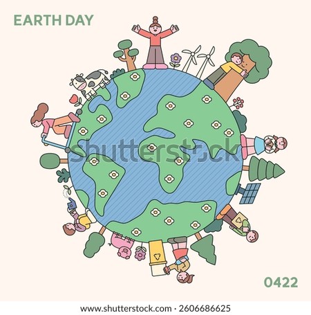 Cute flat illustration of children around the Earth celebrating Earth Day, recycling, hugging trees, planting, and using renewable energy. Eco-friendly message.