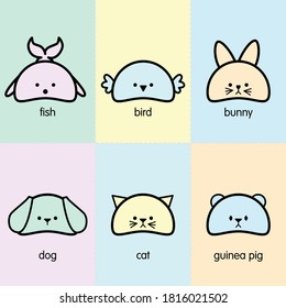 Cute Flat Illustration of Common Household Pets with Block Colors Fish Bird Bunny Dog Cat Guinea Pig