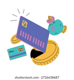 Linda ilustración plana de pago digital y concepto de finanzas en línea con tarjeta de crédito colorida, tarjeta de débito, monedas de oro y hucha que muestra pago sin efectivo, ahorros, gastos, tecnología bancaria, transacción de comercio electrónico y estilo de vida financiero moderno