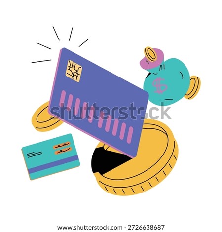 Cute flat illustration of digital payment and online finance concept with colorful credit card, debit card, gold coins and piggy bank showing cashless payment, savings, spending, banking technology, ecommerce transaction and modern financial lifestyle