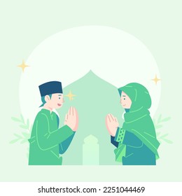 cute flat illustration eid mubarak greeting. flat illustration about fasting. cute illustration of breaking fast. cute flat illustration ramadan.