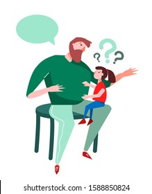 Cute flat illustration of father sitting on a chair and explaining and teaching little daughter. Dad answers child questions and has dialogue with kid. Family homeschooling education by parents