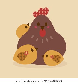 Una linda ilustración plana con una gallina madre y chicas. Ilustración vectorial.