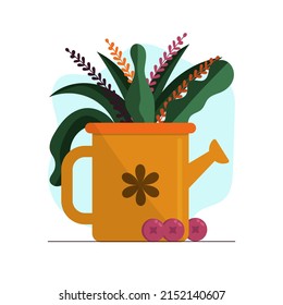 Cute flat illustration Garden bouquet in a watering can with cranberries