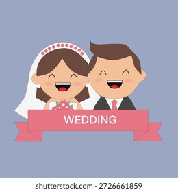 Linda ilustración plana de una novia feliz y el novio con Anuncio de novia, perfecto para diseños de boda.