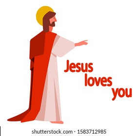 Cute flat illustration of Jesus Christ the Savior in white and red robes with pointing hand. Church and Christian religious picture for children and family Easter celebration. Jesus loves you