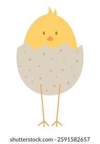 cute flat illustration of a little chicken standing in an eggshell for Easter. Graphic spring element for Easter. For decoration