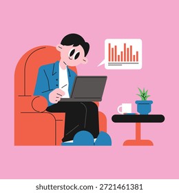 Linda ilustración plana de un hombre que trabaja cómodamente en un sillón mientras analiza datos y gráficos en una computadora portátil. Una burbuja de voz con gráficos de barras representa el análisis de datos, informes y generación de información en un hogar relajado o un entorno de trabajo remoto. Estilo de personaje de dibujos animados amigable con colores pastel suaves, Formas redondeadas y diseño plano limpio, ideal para análisis de negocios, conceptos de trabajo remoto, educación en línea, informes, presentaciones y contenido digital.