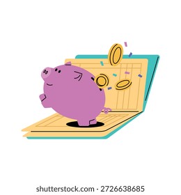 Nette flache Illustration von Online-Sparen und Digital-Banking-Konzept mit einem rosa Sparschwein springt aus einem Bankbuch mit fallenden Goldmünzen, die persönliche Finanzen, Sparkonto, Finanzmanagement, Geldeinlage, Fintech-Service, Vermögenswachstum und modernen Banking-Lifestyle