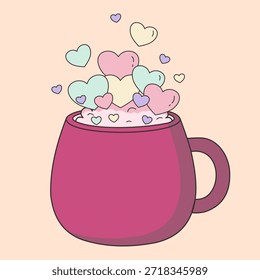 Linda ilustración plana de una taza rosa llena de espuma dulce y Formas flotantes de corazón pastel. Diseños del día de San Valentín, tarjeta de felicitación, ilustración romántica, etiqueta engomada.