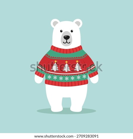 Cute Flat Illustration of Polar Bear Wearing a Christmas Sweater for Holiday