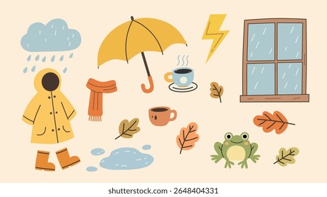 Ilustração plana bonita de fundamentos da estação chuvosa : capa de chuva, guarda-chuva, botas, janela, café, relâmpago, poça, sapo e folhas de outono. Perfeito para o clima, crianças ou temas de design sazonal.