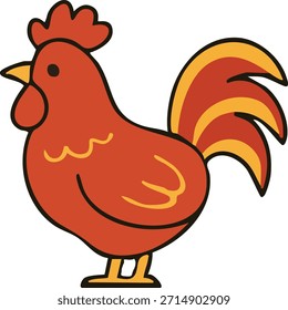 A cute flat illustration of a red Chinese zodiac rooster with yellow accents, drawn in a playful cartoon style
