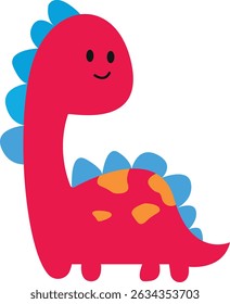 Cute flat illustration of a red dinosaur with blue details, designed in a simple childish style, perfect for children's content, educational materials, and playful designs.