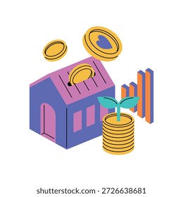 Ilustração plana bonita do conceito de economia do dinheiro com a casa colorida do piggy bank, moedas de ouro em queda, planta crescente e gráfico de barras mostrando o crescimento financeiro, investimento, lucro, gestão de riqueza, finanças pessoais e estratégia de poupança futura