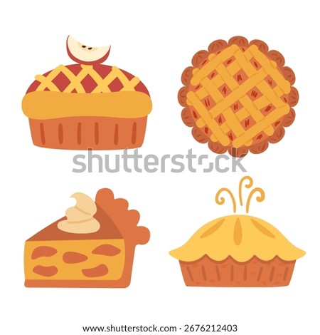 Cute flat illustration set: apple pie slice with whipped cream, whole lattice pie, classic pie with crust, and muffin-style pie with apple slice on top