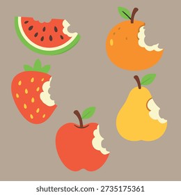 A cute flat illustration set of bitten fruits including watermelon slice, orange, strawberry, apple, and pear on a beige background