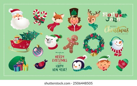 Cute flat illustration set of Christmas with hand drawn characters and festive design elements. Vector illustration for digital ad, poster, banner, printed media, branding and social media story