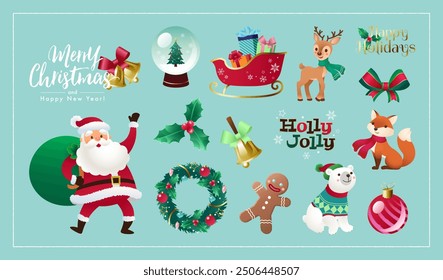 Cute flat illustration set of Christmas with hand drawn characters and festive design elements. Vector illustration for digital ad, poster, banner, printed media, branding and social media story