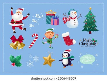 Cute flat illustration set of Christmas with hand drawn characters and festive design elements. Vector illustration for digital ad, poster, banner, printed media, branding and social media story