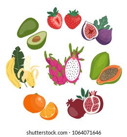 Cute flat illustration set of the whole and sliced fresh fruits.Template for your design. Vector illustration.