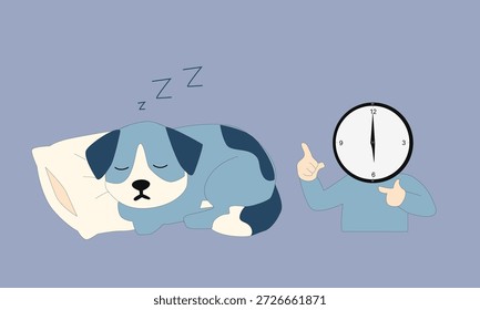 Ilustração plana bonita de um gato dormindo e despertador simbolizando descanso e tempo de sono.