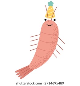 Nette, flache Illustration einer lächelnden Garnele, die einen Partyhut trägt. Lustige Cartoon Meer Charakter perfekt für Geburtstagskarten, Feiern, Kinder-Design, Aufkleber und spielerische Branding.
