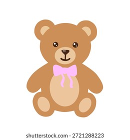 Cute flat illustration of a teddy bear with a pink bow isolated on white background. Adorable toy character suitable for children design, baby products, greeting cards, stickers, and nursery decoration