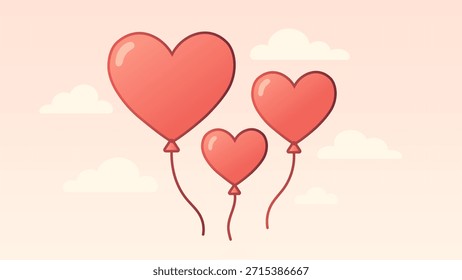 Linda ilustración plana de tres globos de corazón rojo a la deriva entre las nubes suaves, simbolizando el amor, el romance y la felicidad.
