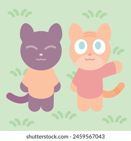 Linda ilustración plana de dos personajes de gato antropomórfico saludando en un campo