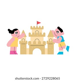 Ilustração plana bonita de duas crianças, um menino e uma menina, alegremente construindo um grande castelo de areia com uma bandeira vermelha no topo da praia, representando férias de verão de infância, jogo criativo, trabalho em equipe, amizade e memórias de férias felizes em um estilo vetor limpo adequado para o design comercial.
