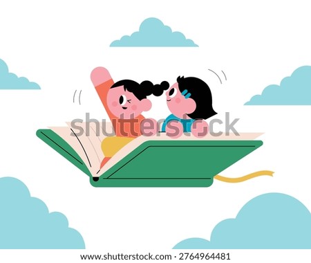 Cute flat illustration of two happy children flying in the sky on a giant open book among blue clouds, representing the power of imagination, education, and creative learning for kids in a warm and playful style isolated on white background