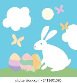 Cute flat illustration of a white rabbit with three easter eggs on a field