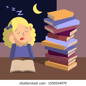 cute flat  illustration. Young school girl falls asleep while doing homework till late night with pile of books