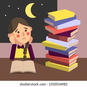 cute flat illustration. Young school girl stays up late at night with lots of homework and tasks, Overwhelmed and tired child