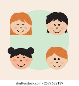 Cute flat illustrations of four happy smiling kids faces with two girls and two boys. Ginger hair girl and boy, asian girl with two hair buns, caucasian boy with dark hair