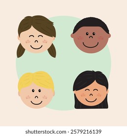 Cute flat illustrations of four smiling kids faces with freckles, two girls and two boys. Girl with brown hair, black boy with short curly hair, blonde boy with short hair, girl with long dark hair