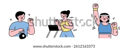 Cute flat illustrations of people working out: lifting weights, running on a treadmill, and dancing exercise.