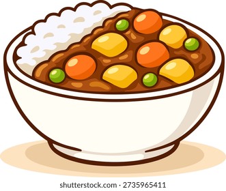 Cute flat Indian curry with rice in bowl vector illustration isolated on white background.