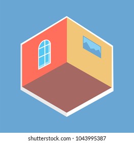 Cute flat, isometric view, colorful vector poster, abstract illustration with flat design, room with red and yellow walls, brown floor, round window