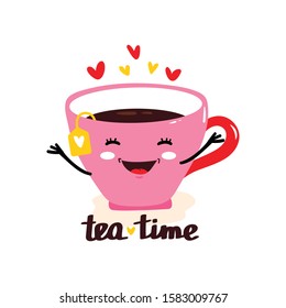 Cute flat kawaii Mug with Tea and Tea Package. Happy morning, tea time vector Illustration.