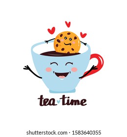 Cute flat kawaii Mug with Tea, Tea Package and fun cookie. Happy morning, tea time vector Illustration.