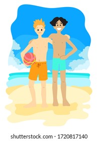 Cute flat kids on the seashore: two boys with a ball