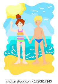 Cute flat kids on the seashore: a sunburnt boy and a girl waving